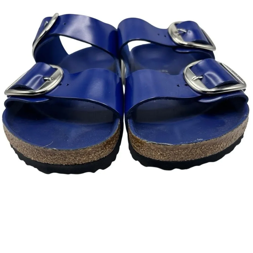 Birkenstock Arizona Big Buckle Natural Leather Patent High Shine Cobalt L-11 M-9 - Picture 3 of 9